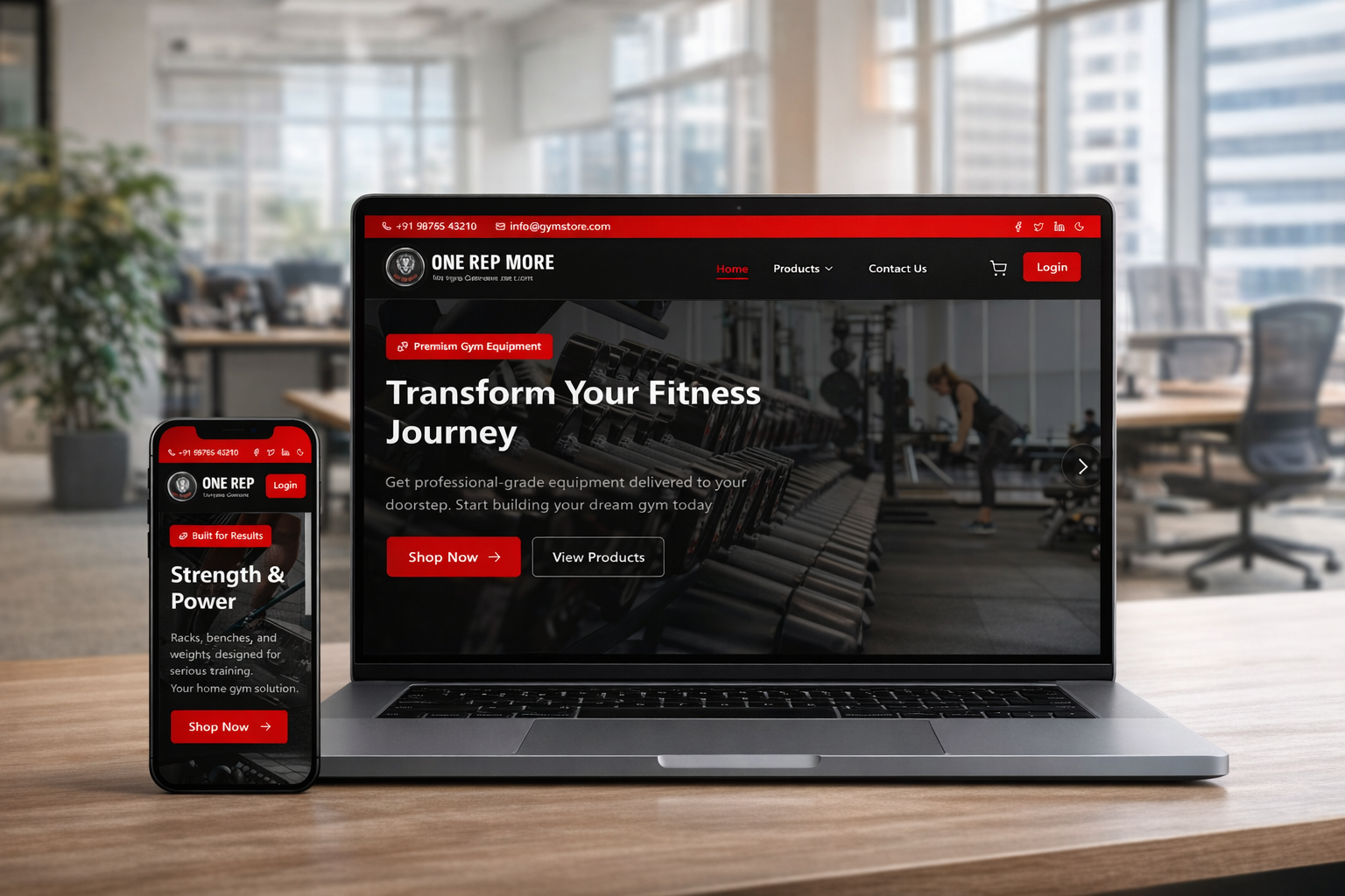 
                Responsive React fitness e-commerce website interface showing One Rep More on laptop and mobile devices                
